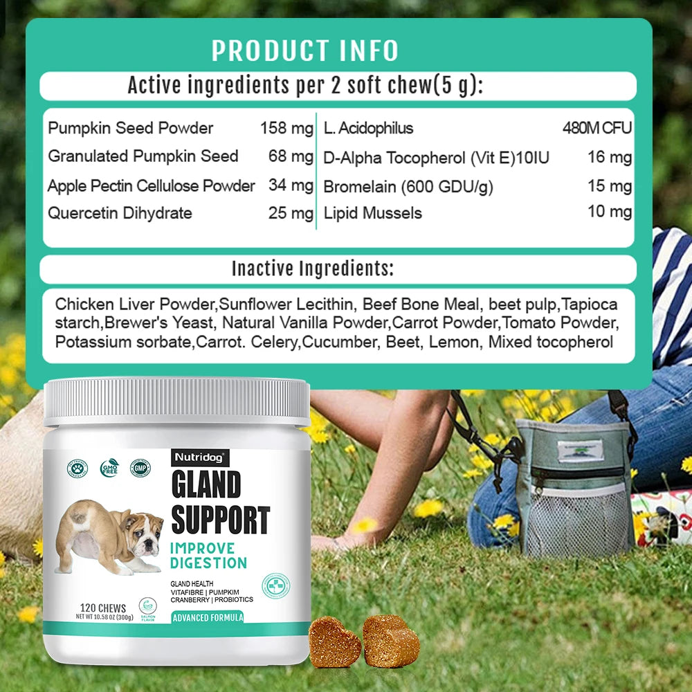 NUTRIDOG Dog Anal Gland Support Pumpkin Seed Probiotics Digestive Enzymes Scoot Relief Digestive Health 120 PCS/Bottle Happy Tails Pet Shop Store