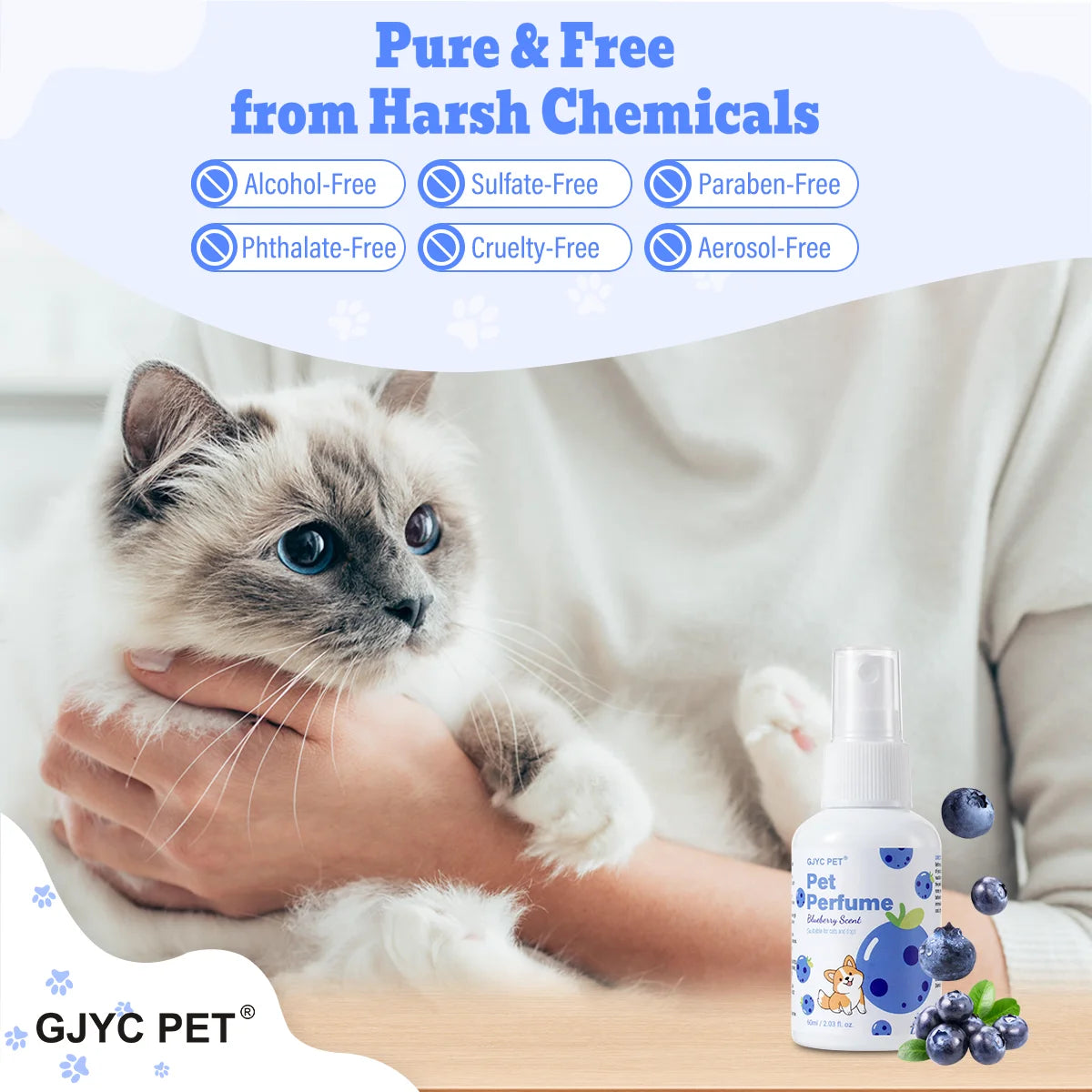 GJYC PET Perfume en aerosol para mascotas, eliminador de olores natural de larga duración con aroma a arándanos para perros y gatos