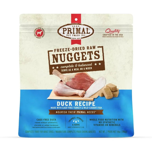 Croquettes lyophilisées pour chiens Primal au canard. Repas complet et équilibré. Peut également servir de garniture ou de friandise. Aliment de qualité supérieure, sain et sans céréales. 