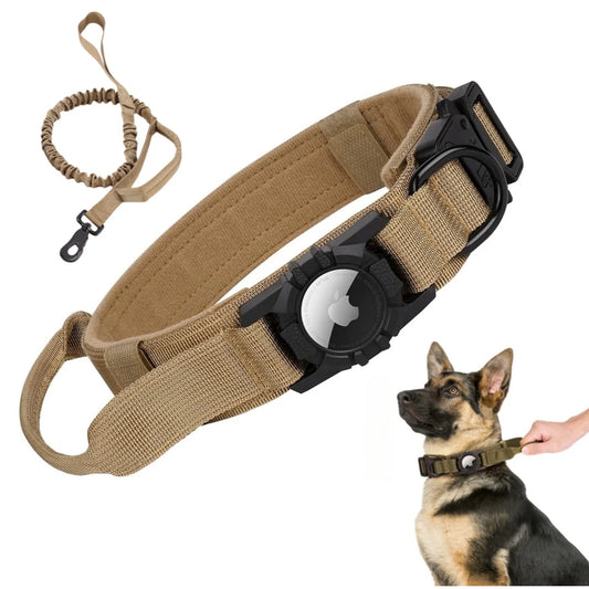 Collar táctico para perros AirTag, con soporte para AirTag y asa, hebilla de metal militar, collar GPS ajustable para perros medianos y grandes