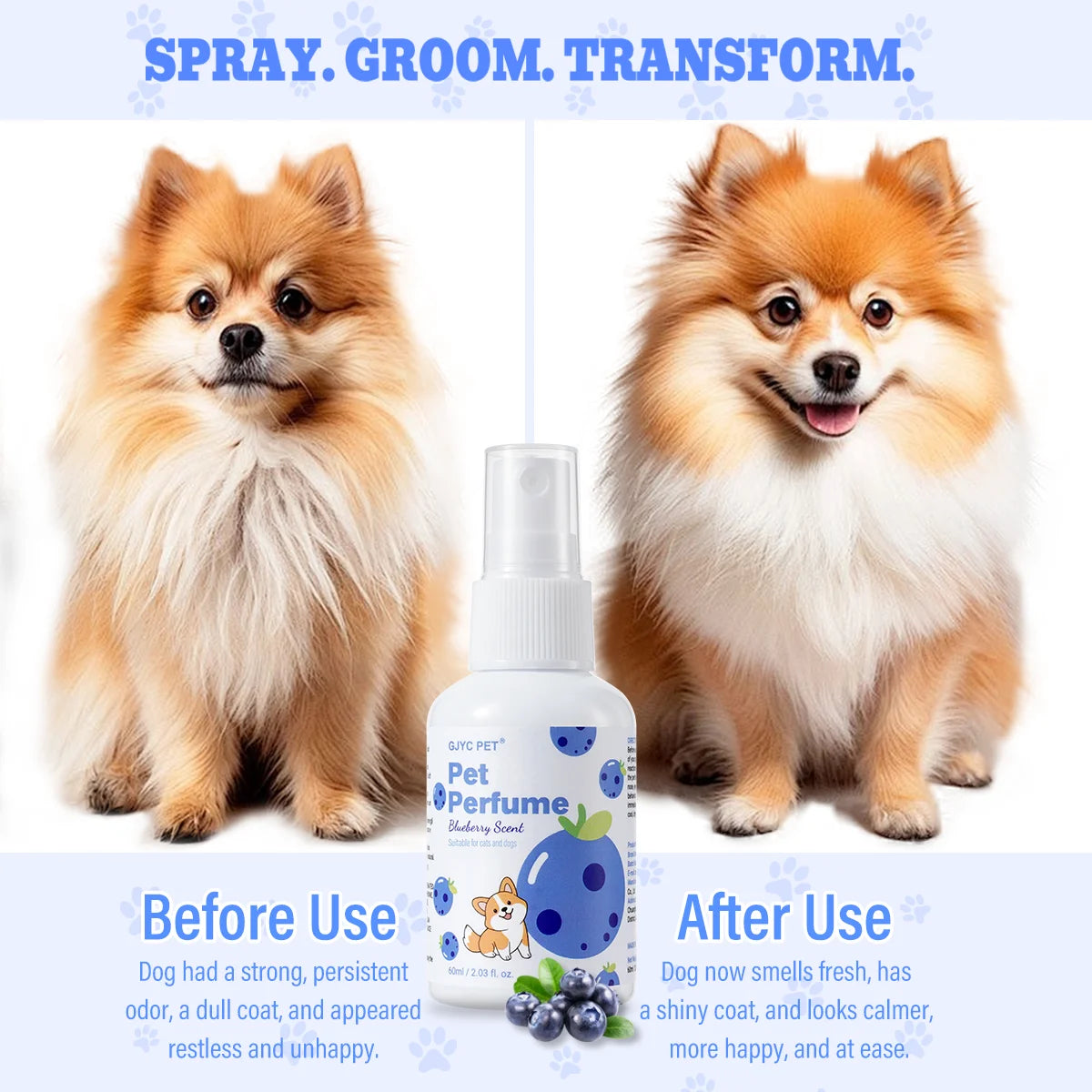 GJYC PET Spray Perfume para Cães e Gatos, com Aroma Natural de Mirtilo, Eliminador de Odor de Longa Duração