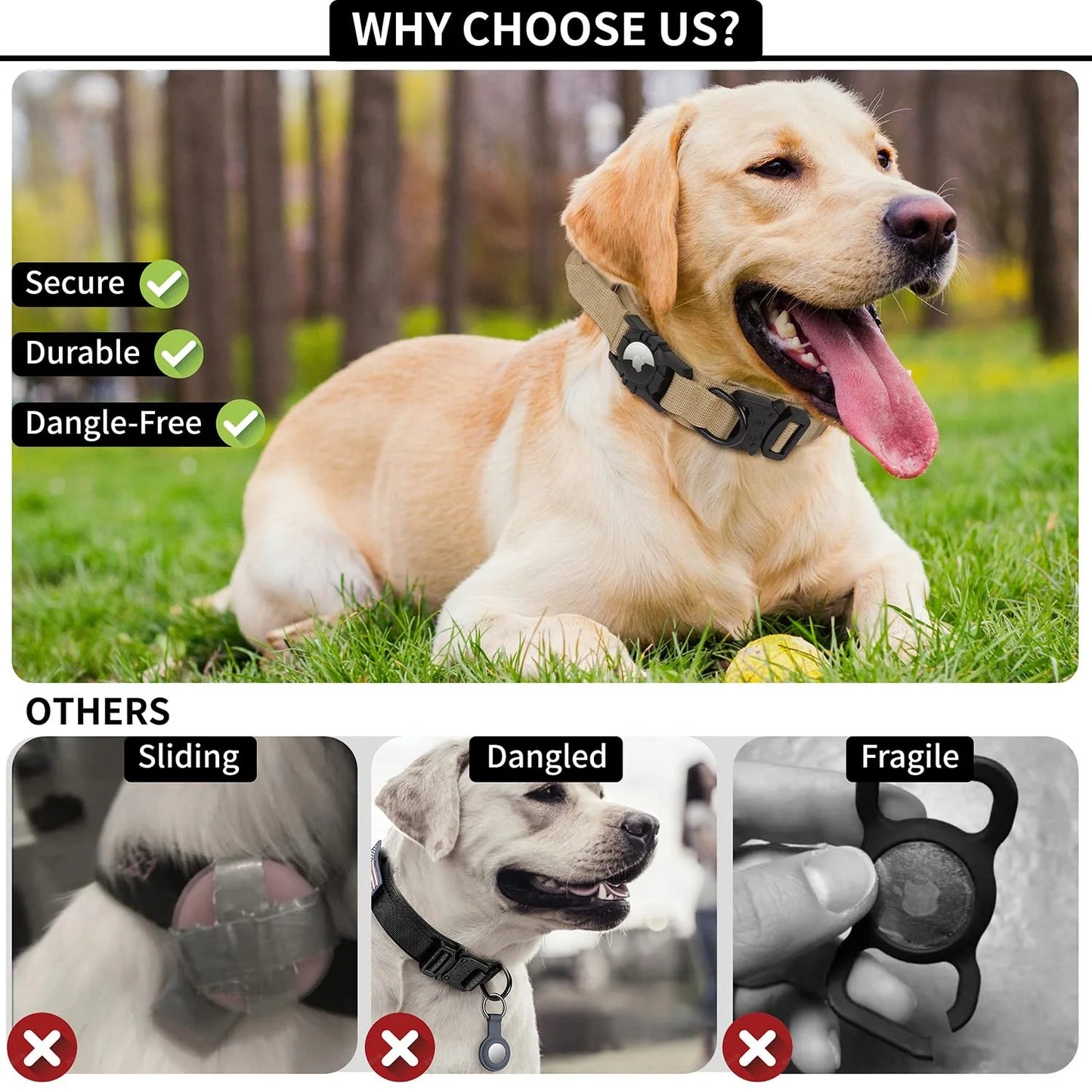 Collier tactique AirTag pour chien, avec porte-AirTag et poignée, boucle métallique militaire, collier GPS réglable pour chiens moyens et grands