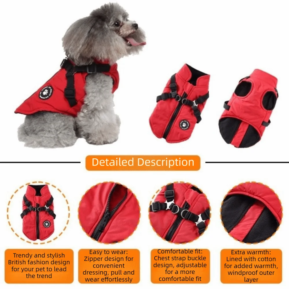 Roupa de Cachorro Impermeável Ajustável, Roupas de Inverno para Cães, Blusão Grosso com Arnês, Casaco Quente para Cães e Gatos