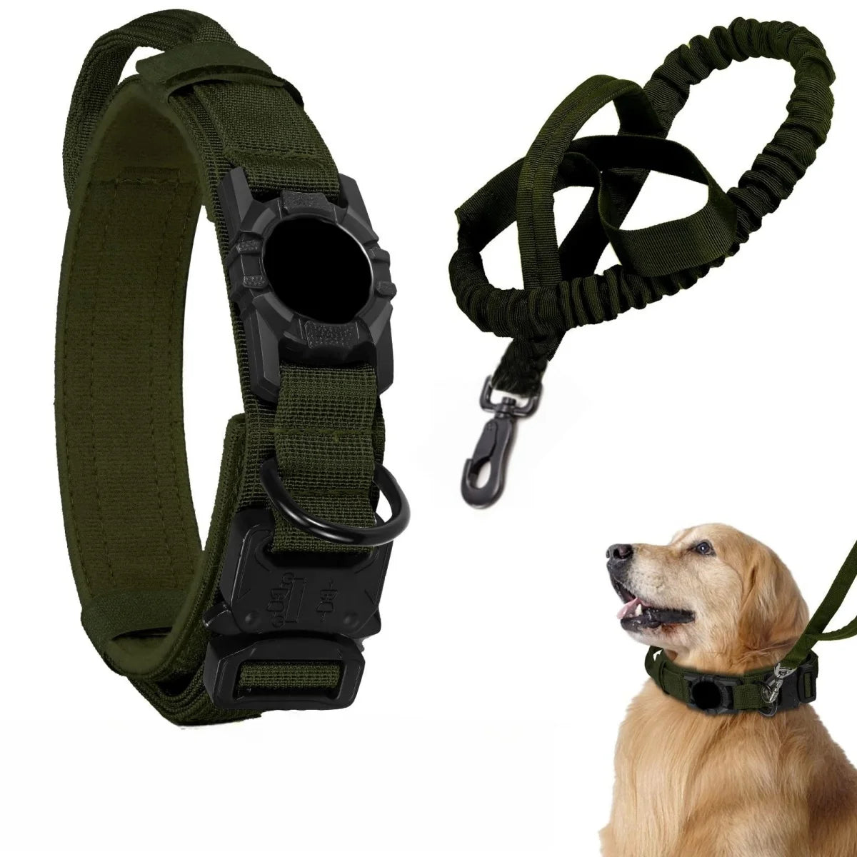 Collier tactique AirTag pour chien, avec porte-AirTag et poignée, boucle métallique militaire, collier GPS réglable pour chiens moyens et grands