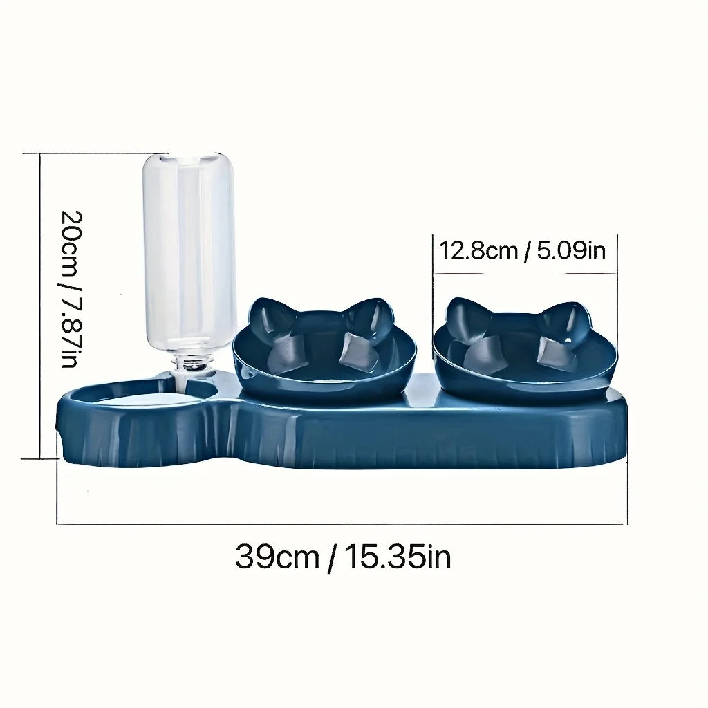 Ear Design Tilted Dogs & Cats Water And Food Bowl Set With Gravity Water Bottle For Neck Protection