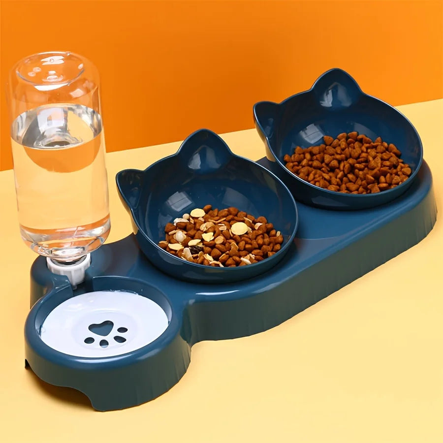 Ear Design Tilted Dogs & Cats Water And Food Bowl Set With Gravity Water Bottle For Neck Protection