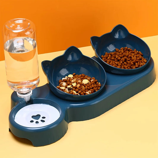 Ear Design Tilted Dogs & Cats Water And Food Bowl Set With Gravity Water Bottle For Neck Protection