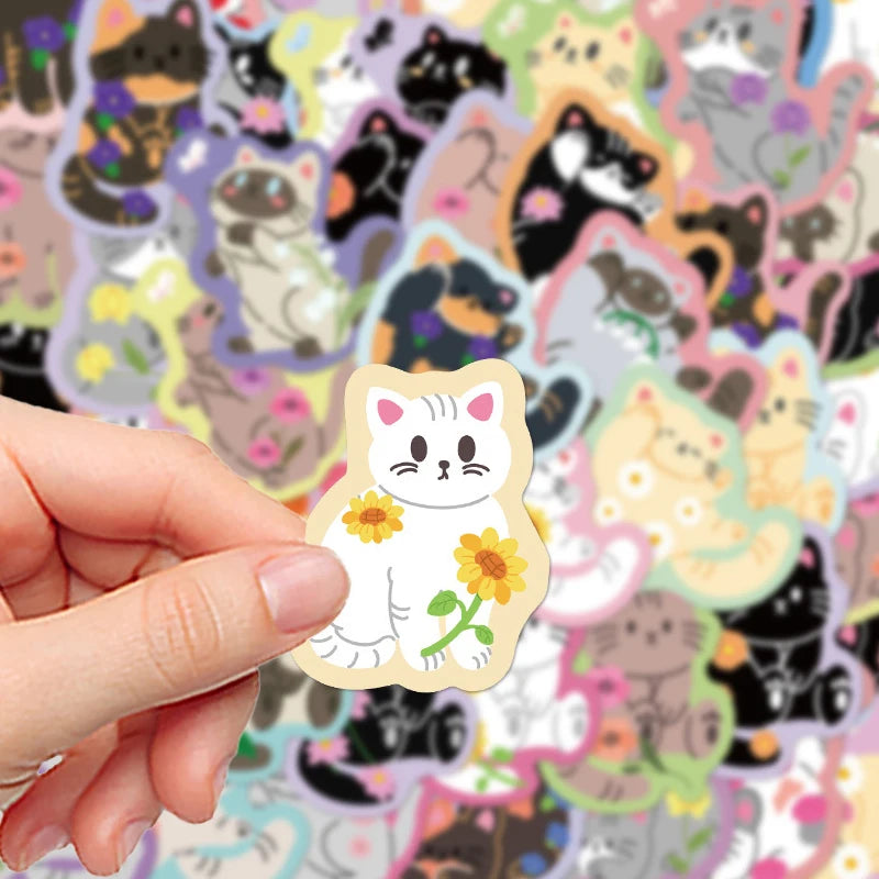 50 autocollants colorés à bordure fleurie et chat, style graffiti, pour la papeterie, les valises, les cahiers et autres objets créatifs. Idéal pour les enfants. 