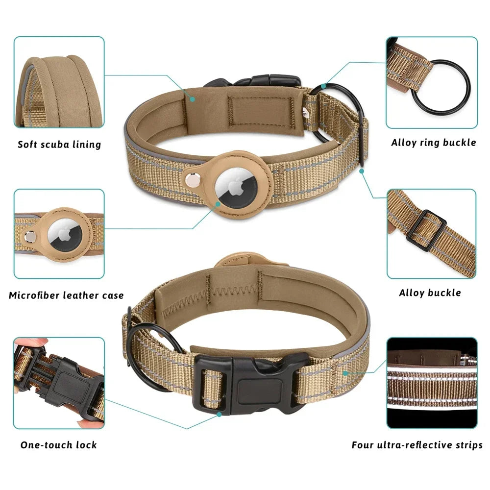 Coleira Impermeável Anti-Perda para Cães, Coleira Acolchoada com Suporte para AirTag, Capa Protetora para Rastreador GPS, Coleira Ajustável para Cães Grandes