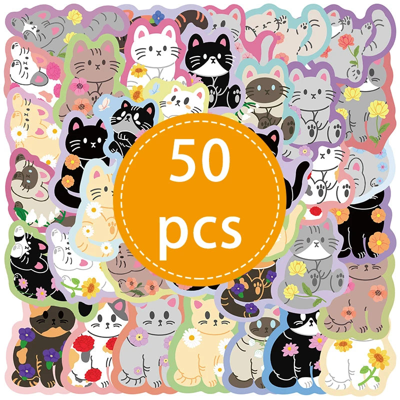 50 autocollants colorés à bordure fleurie et chat, style graffiti, pour la papeterie, les valises, les cahiers et autres objets créatifs. Idéal pour les enfants. 