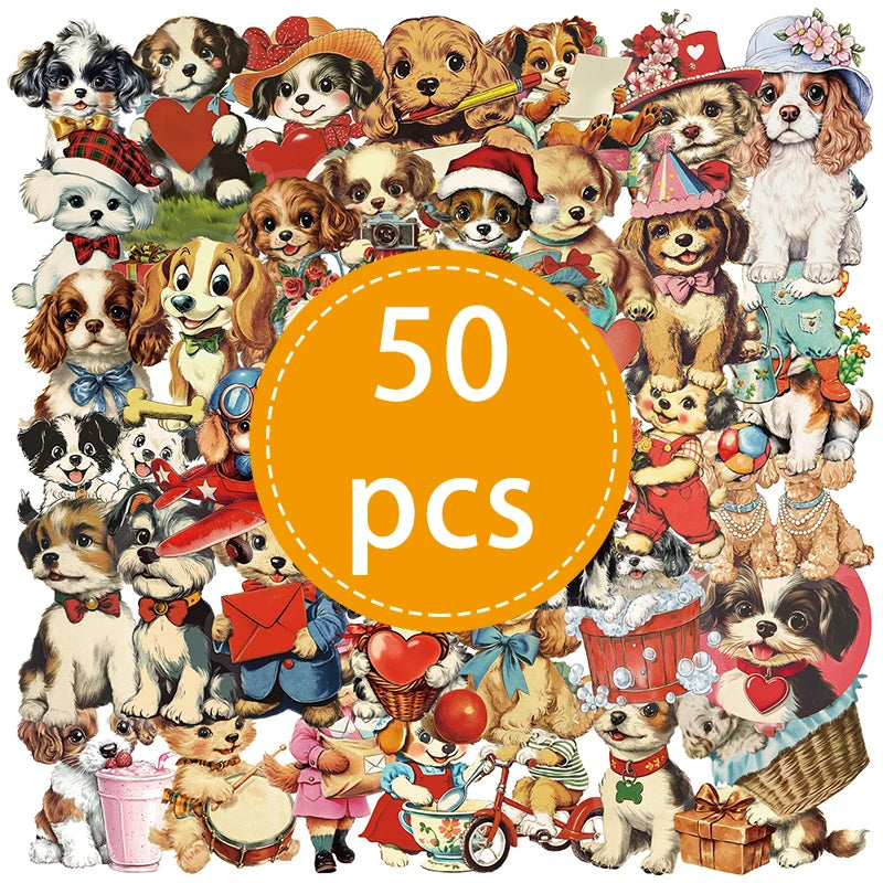 50 pegatinas bonitas retro de perros para niños, caja de papelería DIY, bolso, ordenador portátil, guitarra, casco, calcomanías decorativas autoadhesivas, juguetes de regalo