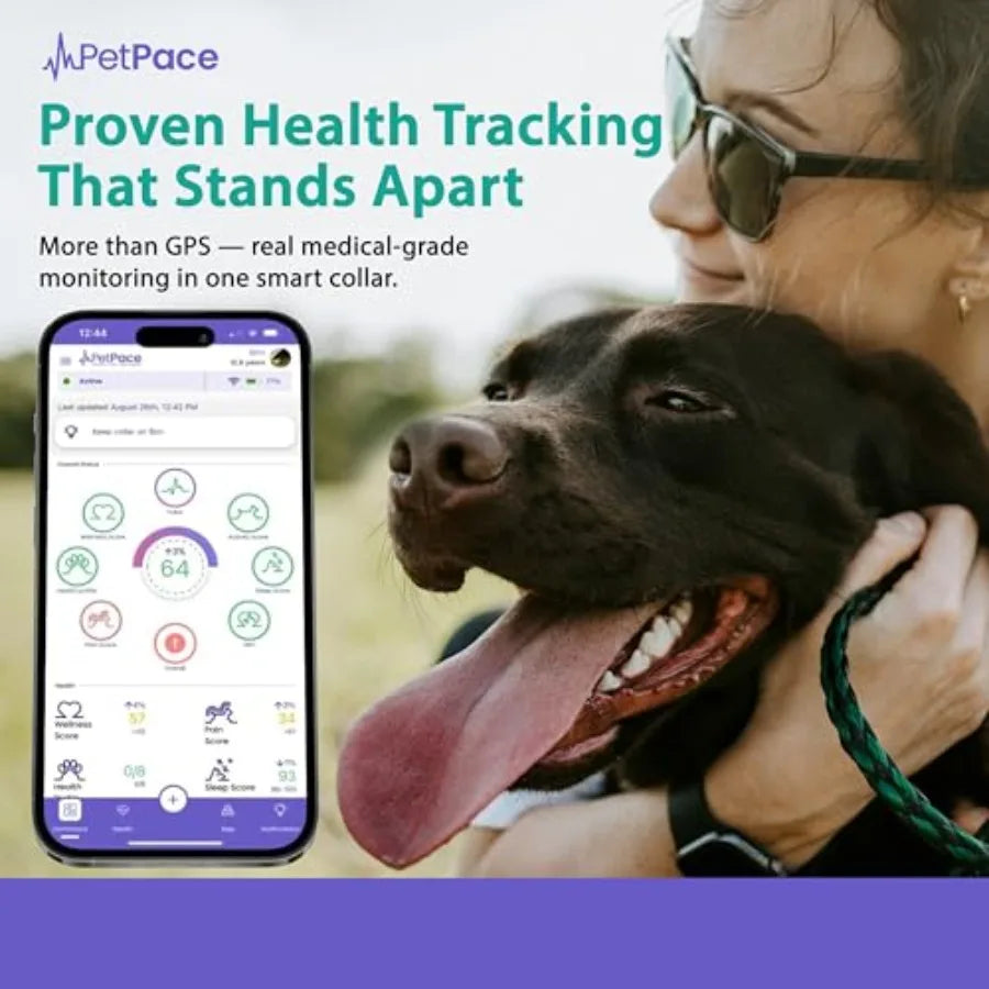 Coleira de saúde com IA para cães com monitoramento 24 horas por dia, 7 dias por semana, de sinais vitais, alertas de convulsões e dor, rastreamento por GPS, consultas por telemedicina e aplicativo de compartilhamento com veterinário.