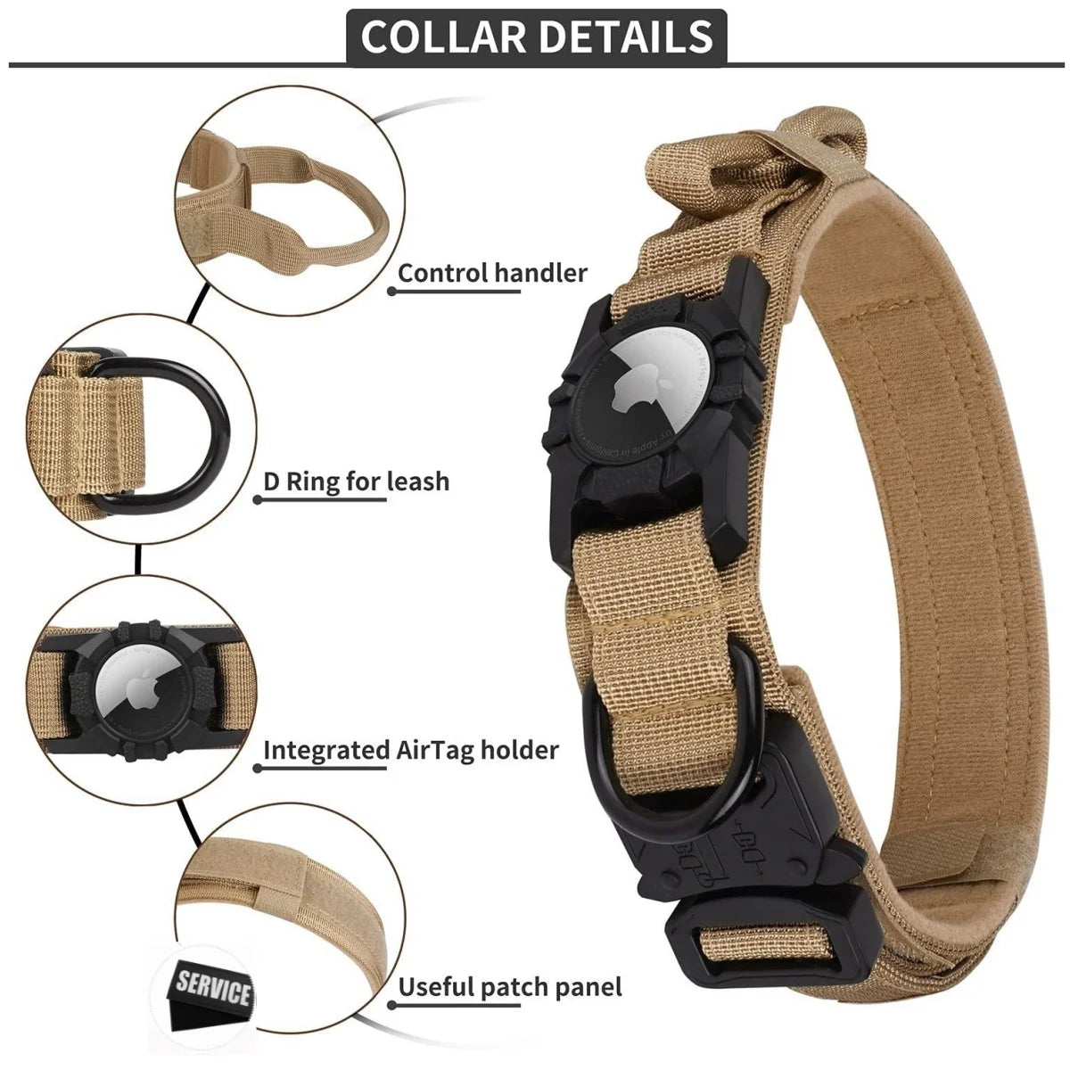 Collier tactique AirTag pour chien, avec porte-AirTag et poignée, boucle métallique militaire, collier GPS réglable pour chiens moyens et grands