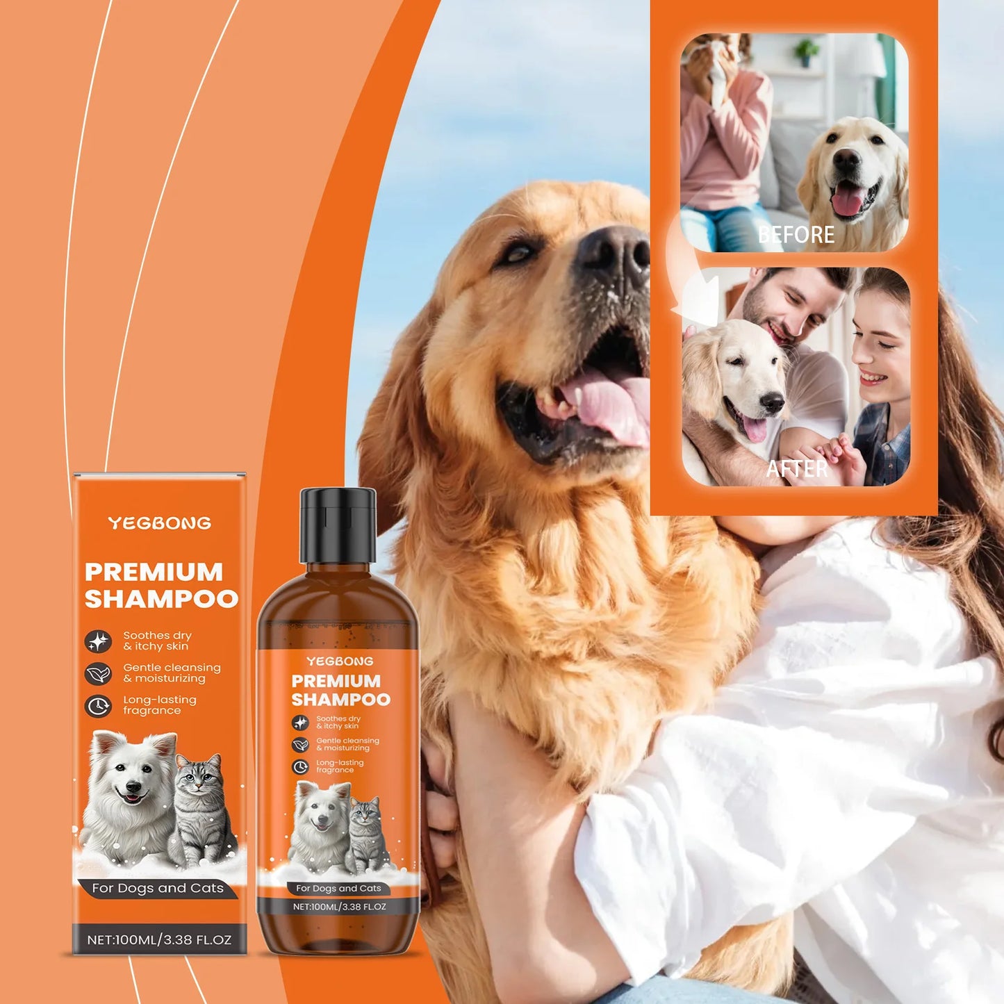 Shampoing naturel pour chiens et chats, formule à base de dérivé d'huile de noix de coco, élimine les odeurs et démêle les poils, répulsif contre les puces et les insectes. 