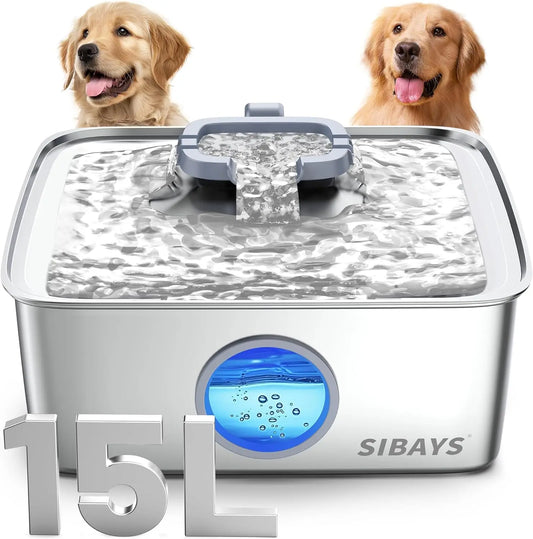 Grand 4 gallons/15L Fontaine à eau pour chiens en acier inoxydable avec lumière LED, distributeur automatique silencieux pour les foyers avec plusieurs animaux, facile à nettoyer