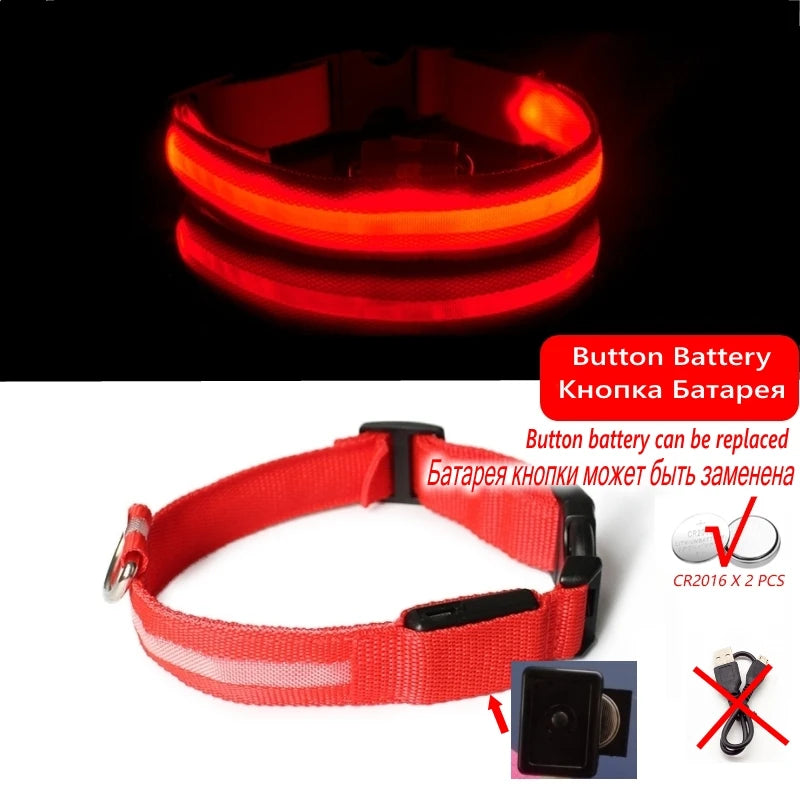 Coleira Luminosa LED Anti-perda para Cães Filhotes Coleira Noturna Luminosa Acessórios para Produtos para Animais de Estimação Carregamento USB/Bateria