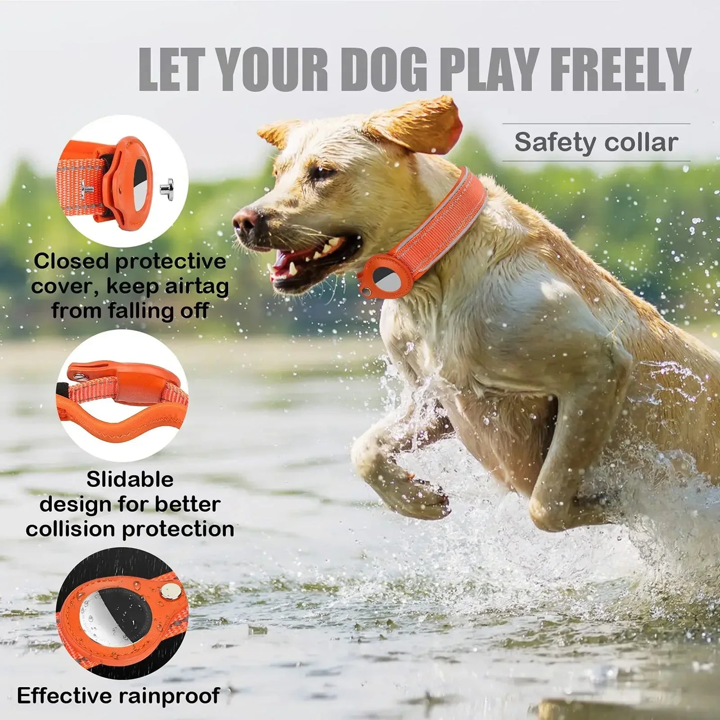 Coleira Impermeável Anti-Perda para Cães, Coleira Acolchoada com Suporte para AirTag, Capa Protetora para Rastreador GPS, Coleira Ajustável para Cães Grandes