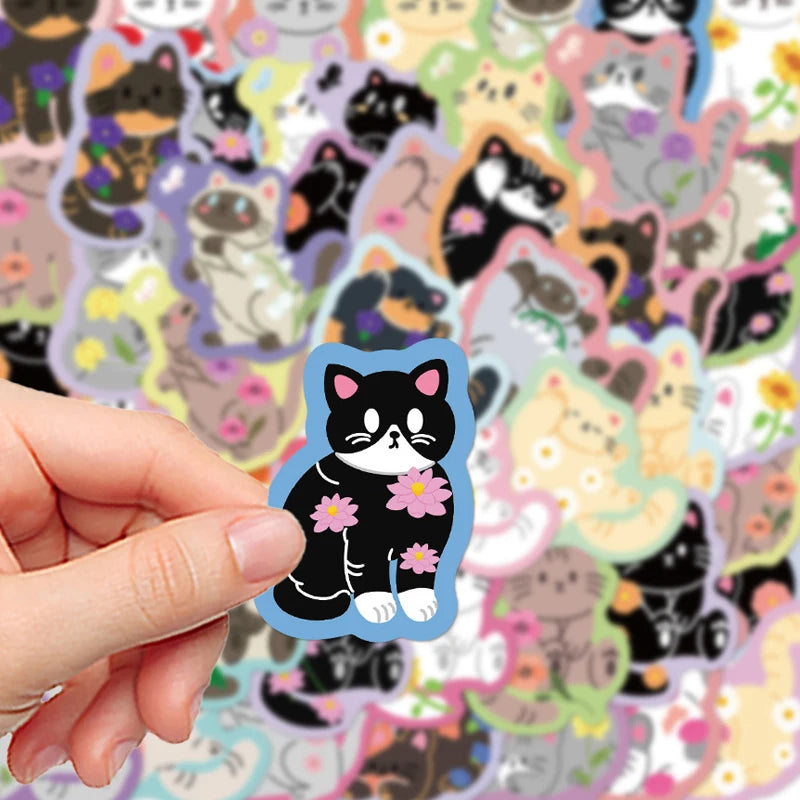 50 autocollants colorés à bordure fleurie et chat, style graffiti, pour la papeterie, les valises, les cahiers et autres objets créatifs. Idéal pour les enfants. 