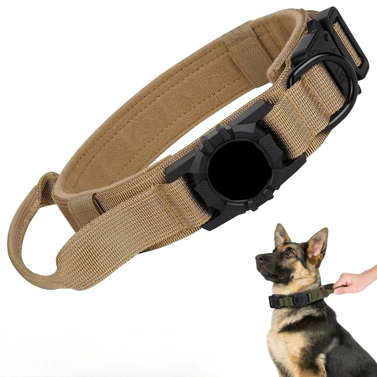 Collier tactique AirTag pour chien, avec porte-AirTag et poignée, boucle métallique militaire, collier GPS réglable pour chiens moyens et grands