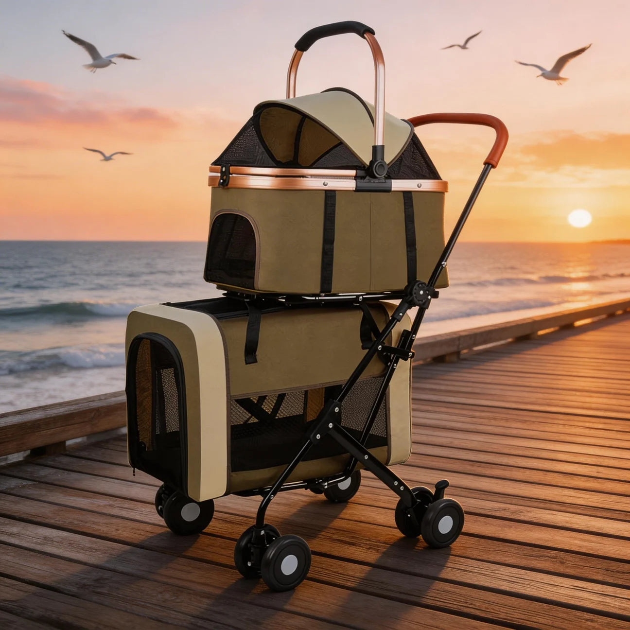Double Dog Stroller Luxury 4 Wheels Pet Cat Stroller for Large Small Dog Multi-layer Large Space Detachable Separable Happy Tails Pet Shop Store