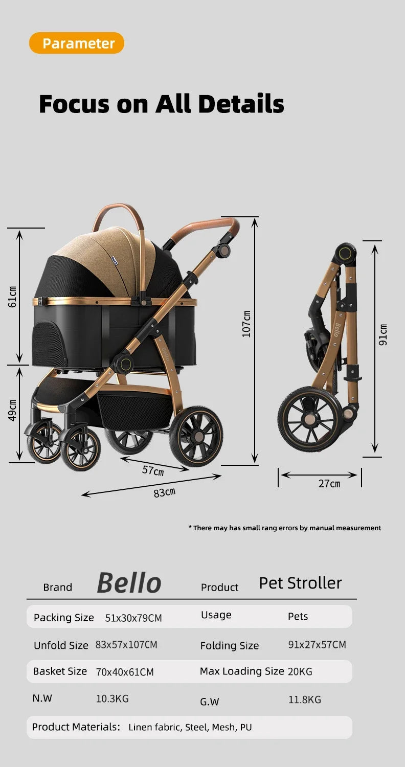 2-in-1 Detachable Large Aluminum Tube Frame Pet Stroller Cage One-Click Folding For Convenient Portable Use With Dogs And Cats Happy Tails Pet Shop Store