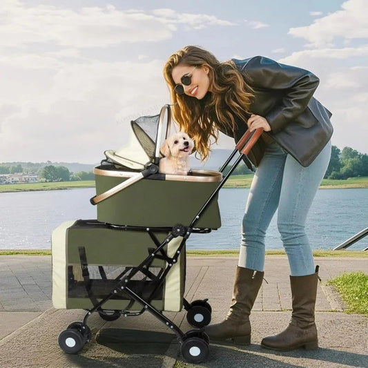 Double Dog Stroller Luxury 4 Wheels Pet Cat Stroller for Large Small Dog Multi-layer Large Space Detachable Separable Happy Tails Pet Shop Store