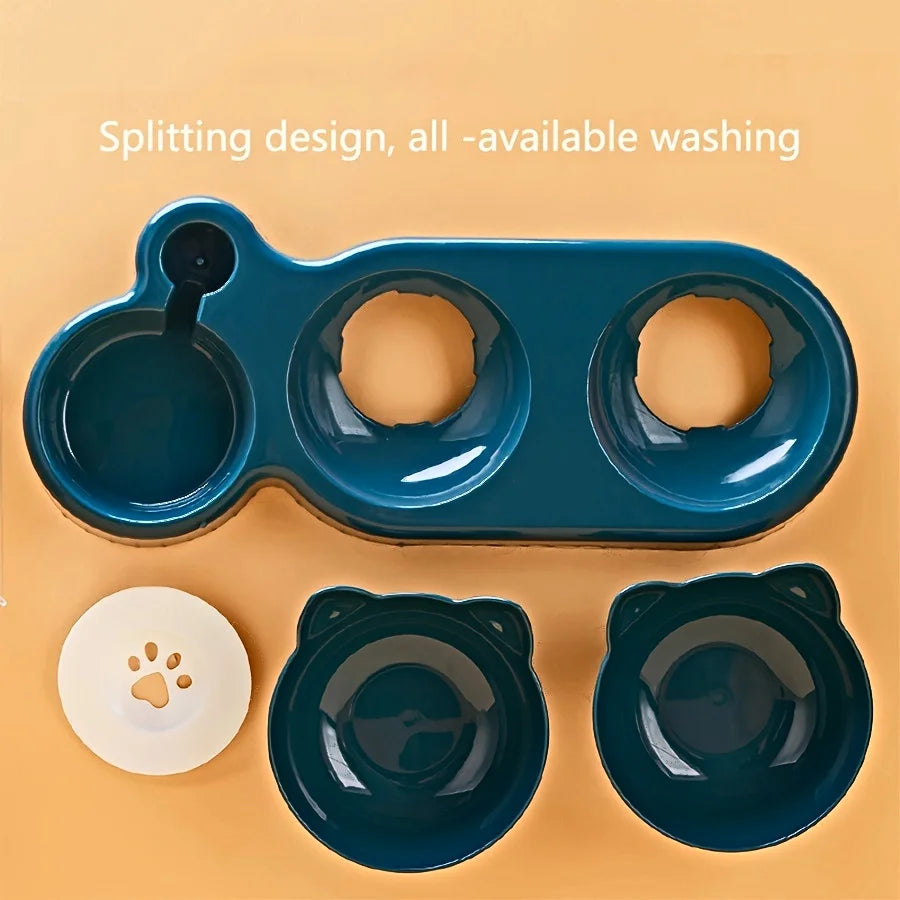 Ear Design Tilted Dogs & Cats Water And Food Bowl Set With Gravity Water Bottle For Neck Protection
