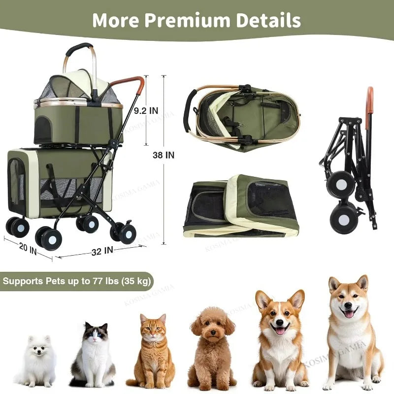 Double Dog Stroller Luxury 4 Wheels Pet Cat Stroller for Large Small Dog Multi-layer Large Space Detachable Separable Happy Tails Pet Shop Store