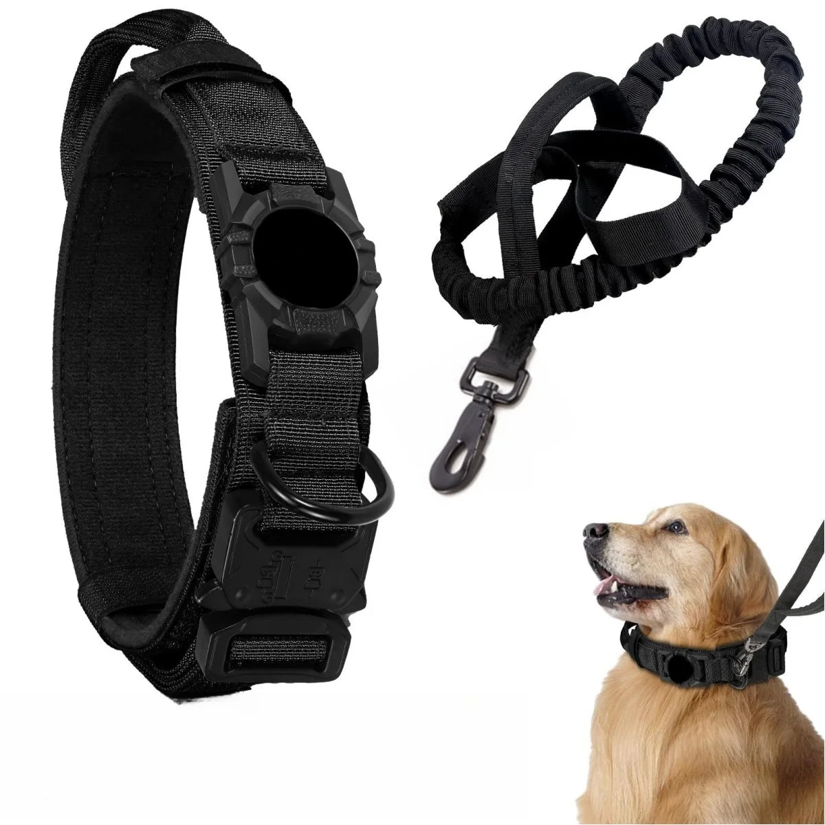 Collier tactique AirTag pour chien, avec porte-AirTag et poignée, boucle métallique militaire, collier GPS réglable pour chiens moyens et grands