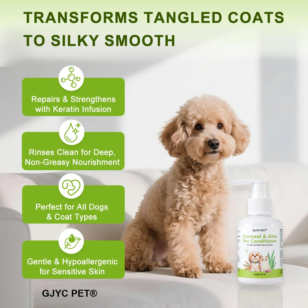Après-shampoing pour chiens et chats à la peau sensible, à base d'avoine naturelle et d'aloe vera. Formule démêlante et hydratante, pour un pelage doux et brillant. Parfum longue durée. 