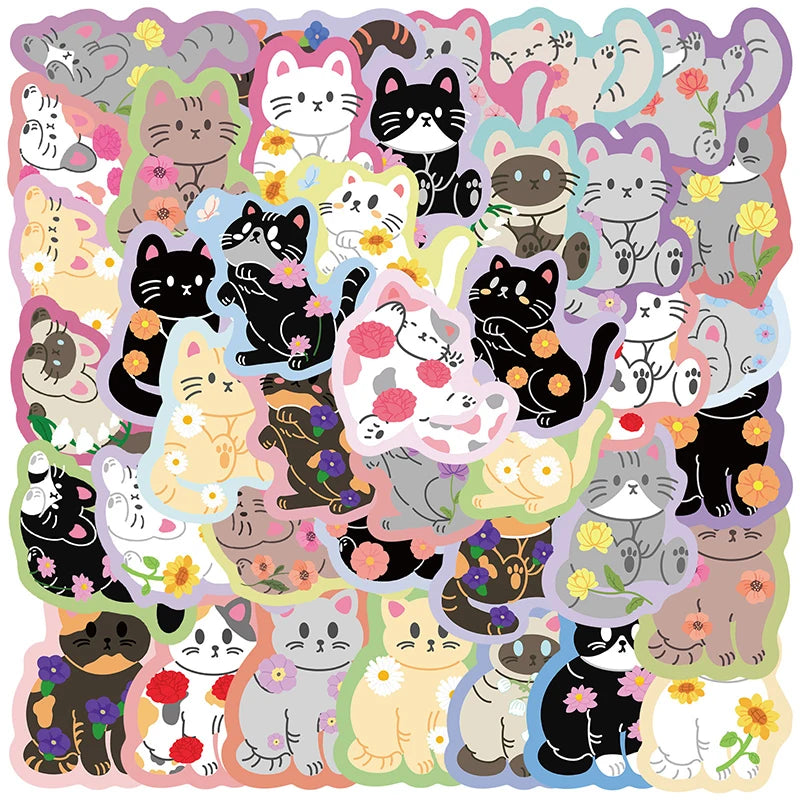 50 autocollants colorés à bordure fleurie et chat, style graffiti, pour la papeterie, les valises, les cahiers et autres objets créatifs. Idéal pour les enfants. 