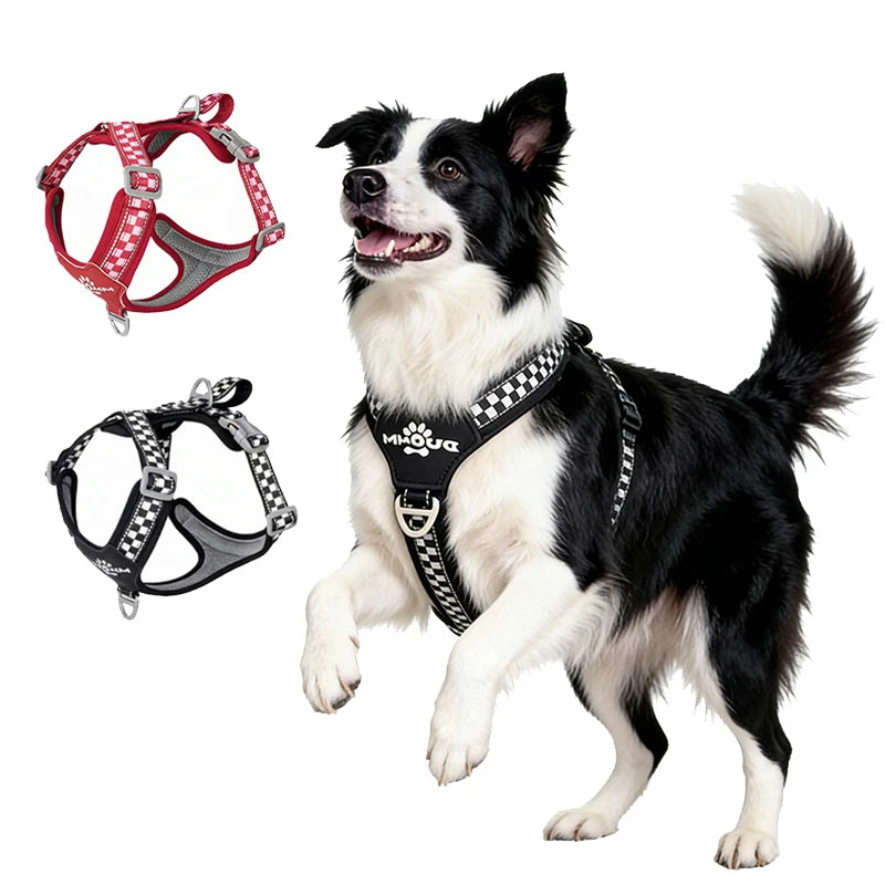 Arnés reflectante universal para perros, chaleco con diseño de cuadros, antijalones, ajuste regulable para Shiba Inu, Border Collie, para paseos al aire libre
