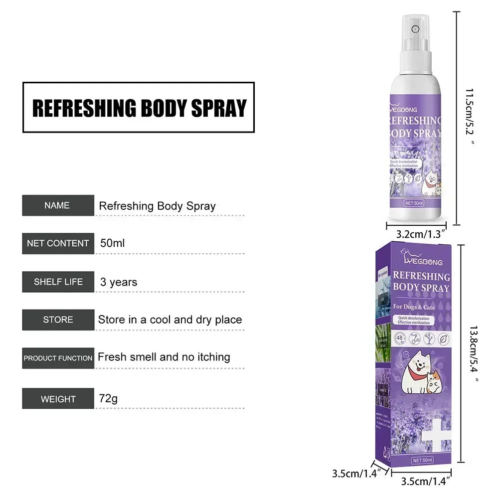 Spray Desodorante para Mascotas 50ml Perfume para Perros Aceite de Lavanda Spray Desodorante Anti Picazón Fragante Cuidado de Belleza para Gatos y Perros