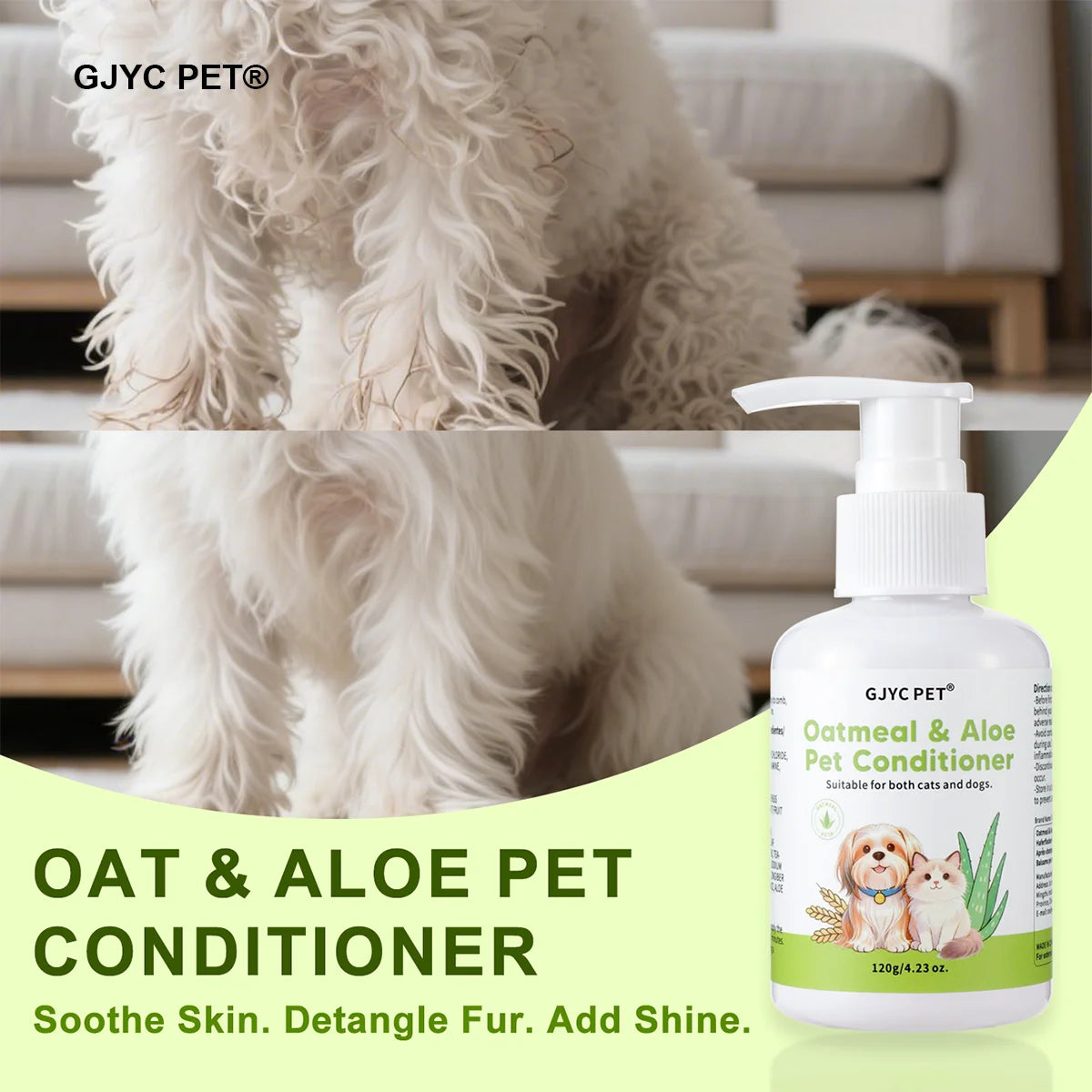 Après-shampoing pour chiens et chats à la peau sensible, à base d'avoine naturelle et d'aloe vera. Formule démêlante et hydratante, pour un pelage doux et brillant. Parfum longue durée. 