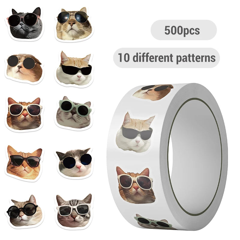 500 PEÇAS Óculos de Sol Animais Gato Adesivos Engraçados Desenho Animado Diário Caderno Papelaria Celular Cadernos Decalques Autoadesivos Brinquedos