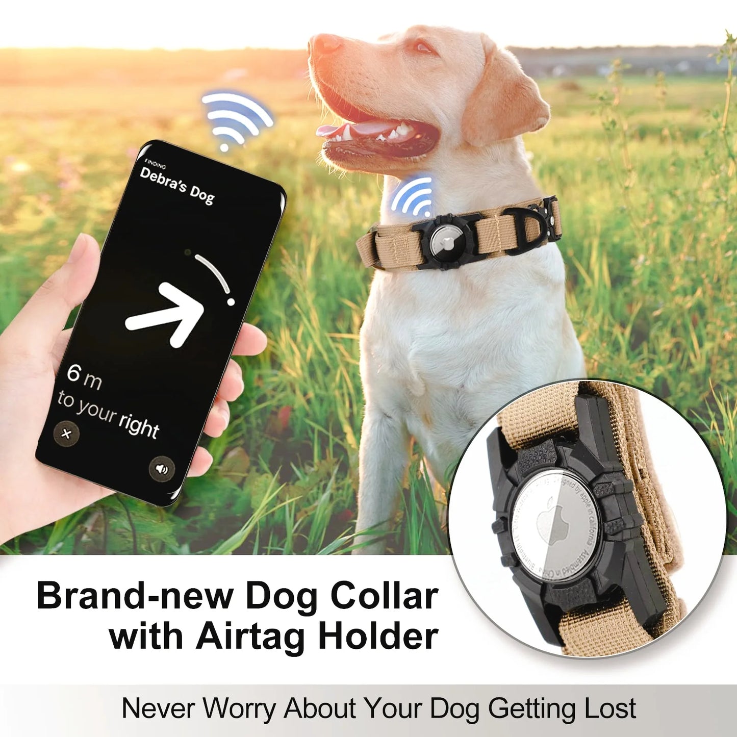 Collier tactique AirTag pour chien, avec porte-AirTag et poignée, boucle métallique militaire, collier GPS réglable pour chiens moyens et grands