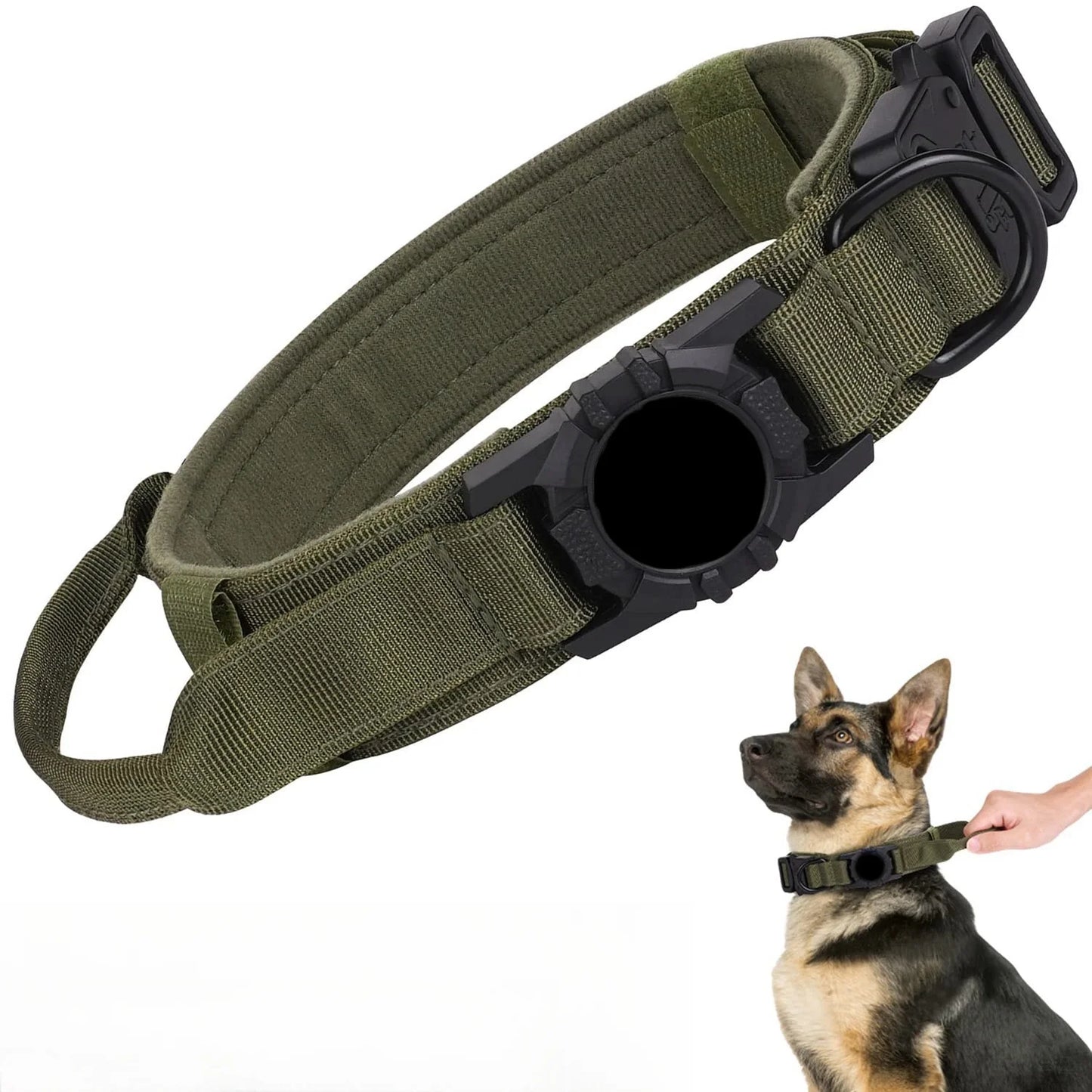 Collier tactique AirTag pour chien, avec porte-AirTag et poignée, boucle métallique militaire, collier GPS réglable pour chiens moyens et grands