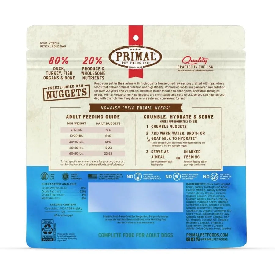 Primal Alimento Crudo Liofilizado para Perros en Nuggets de Pato, Comida Completa y Balanceada, También Úselo como Aderezo o Recompensa, Premium, Saludable, Sin Granos
