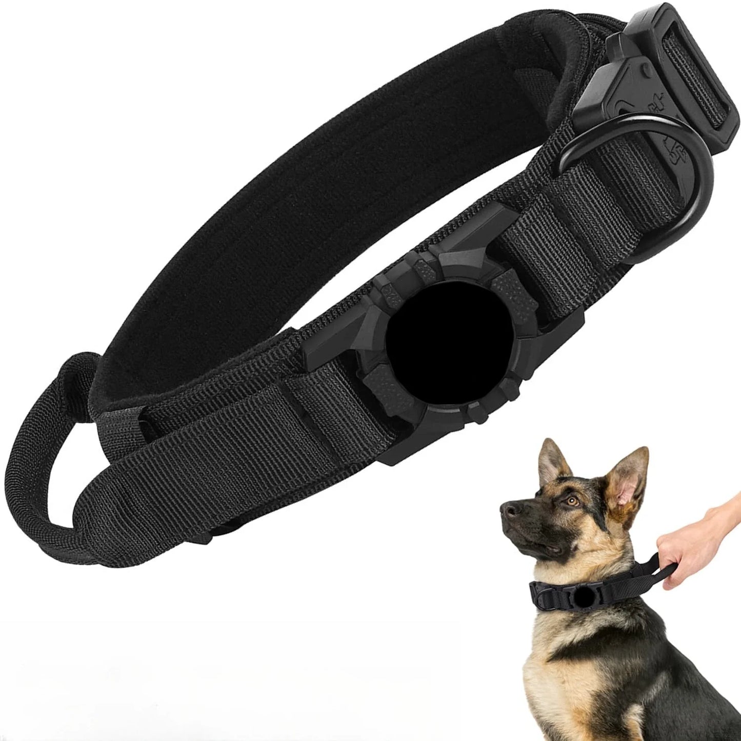 Collier tactique AirTag pour chien, avec porte-AirTag et poignée, boucle métallique militaire, collier GPS réglable pour chiens moyens et grands