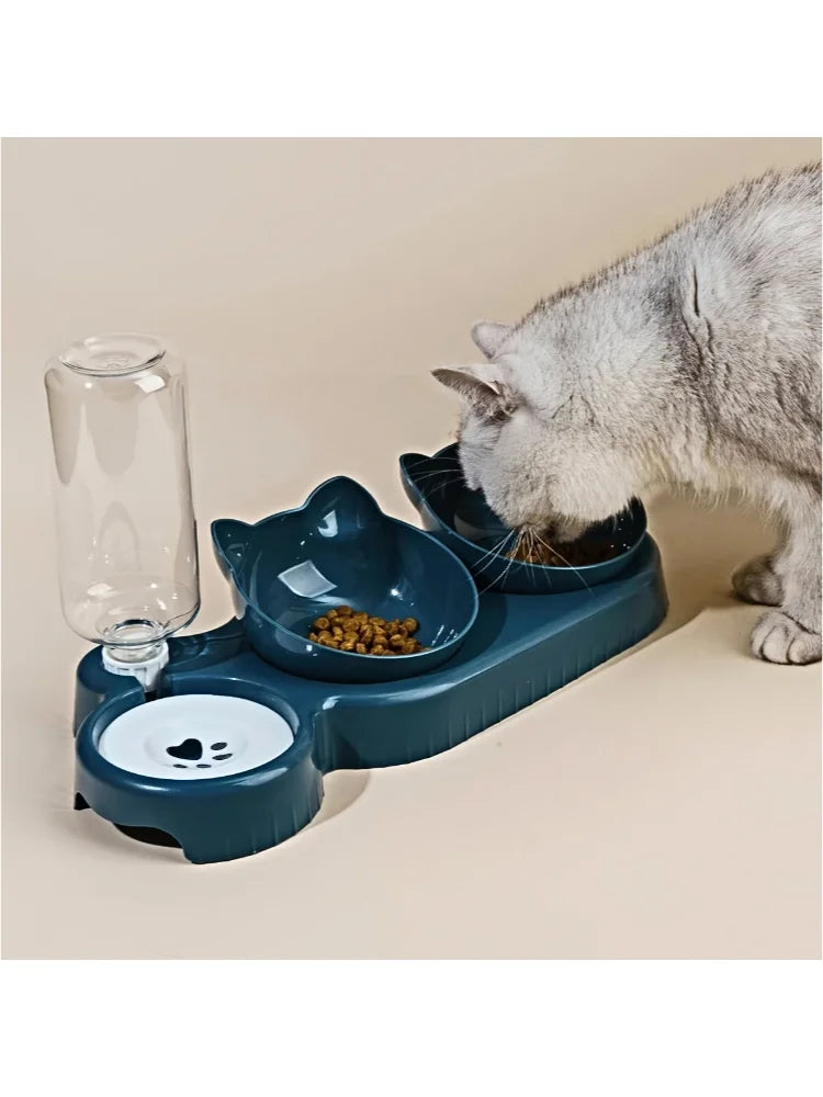 Ear Design Tilted Dogs & Cats Water And Food Bowl Set With Gravity Water Bottle For Neck Protection